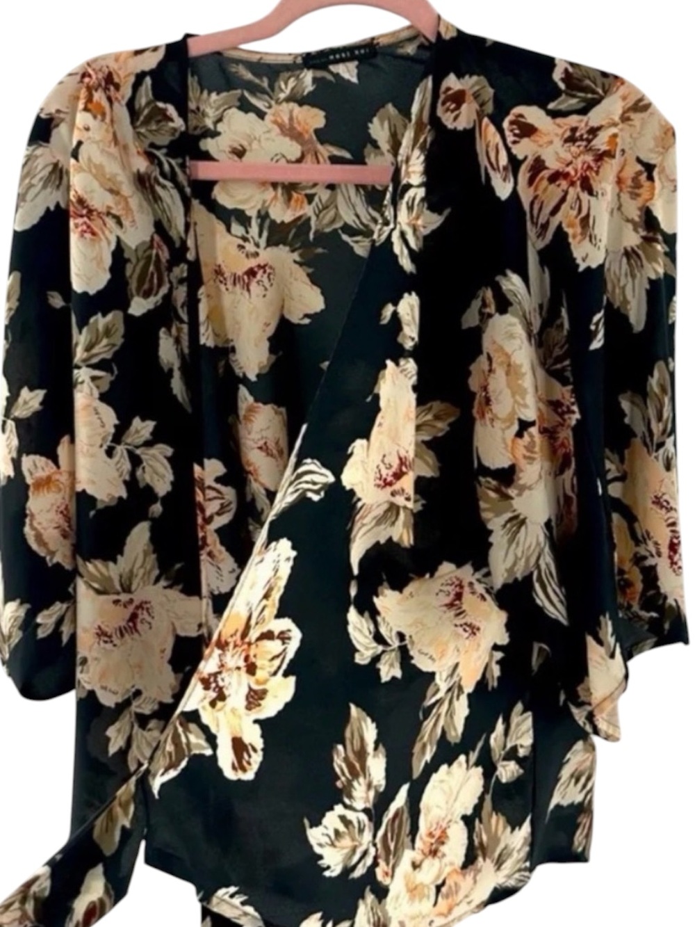 West Kei ~ Satin Kimono ~ Black base w/ Cream, Peach & Olive Flowers ~ Tie Front - Picture 3 of 9